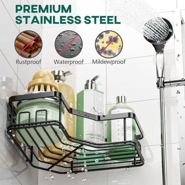 رف زاوية للحمام أسود منظم تخزين لمستلزمات الحمام مع لاصق قوي - الصورة 8