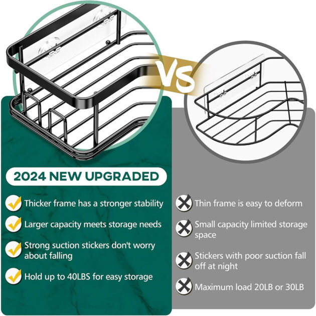 رف زاوية للحمام أسود منظم تخزين لمستلزمات الحمام مع لاصق قوي - الصورة 3