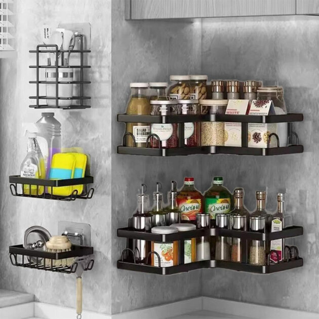 رف زاوية للحمام أسود منظم تخزين لمستلزمات الحمام مع لاصق قوي - الصورة 7
