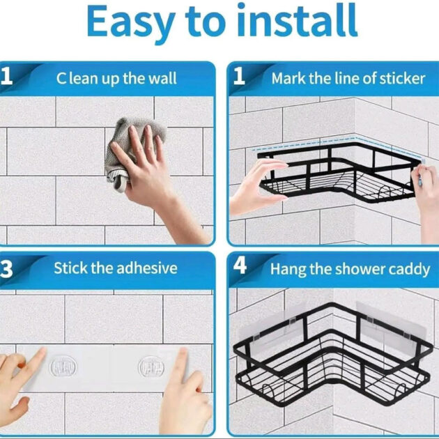 رف زاوية للحمام أسود منظم تخزين لمستلزمات الحمام مع لاصق قوي - الصورة 6