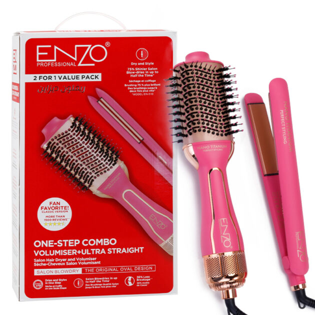 Pack Brosse chauffante rotative professionnelle +lisseur rose  ENZO EN-510